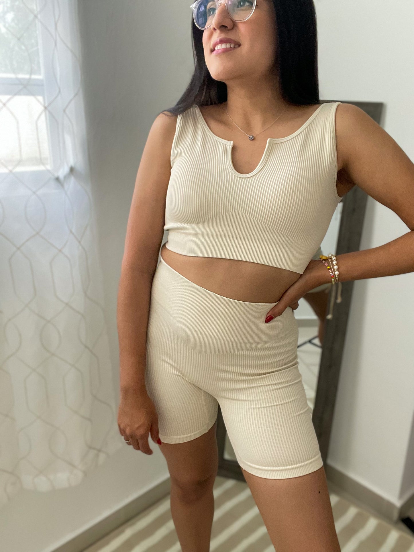 Beige Biker Short Set